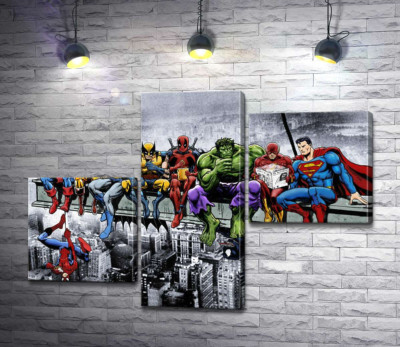 Модульна картина "Обід супергероїв Marvel на хмарочосі"