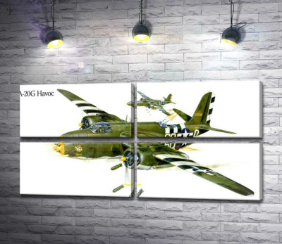 Модульная картина "Американский военный самолет Douglas A-20G Havoc времен Второй мировой войны"