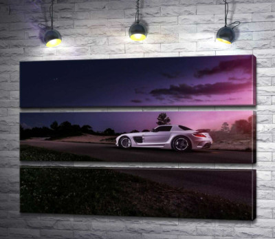 Модульна картина "Біла модель автомобіля Mercedes-Benz SLS AMG у фіолетових сутінках"