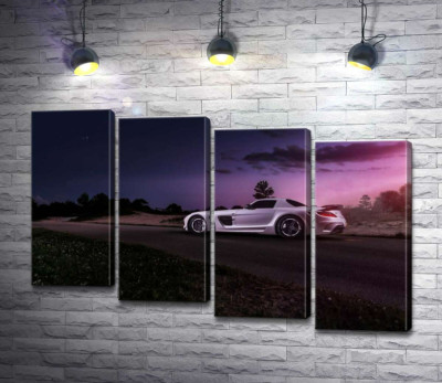 Модульная картина "Белая модель автомобиля Mercedes-Benz SLS AMG в фиолетовых сумерках"
