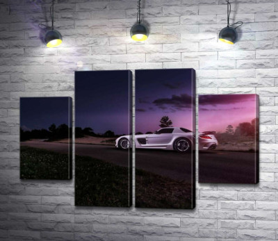Модульна картина "Біла модель автомобіля Mercedes-Benz SLS AMG у фіолетових сутінках"