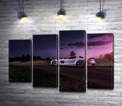 Модульна картина "Біла модель автомобіля Mercedes-Benz SLS AMG у фіолетових сутінках"