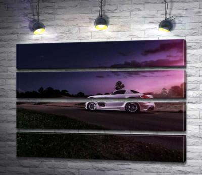 Модульна картина "Біла модель автомобіля Mercedes-Benz SLS AMG у фіолетових сутінках"