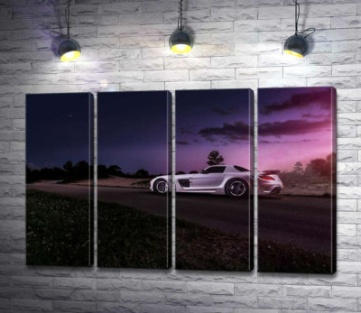 Модульная картина "Белая модель автомобиля Mercedes-Benz SLS AMG в фиолетовых сумерках"