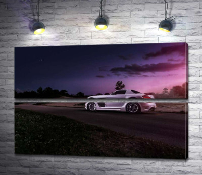 Модульна картина "Біла модель автомобіля Mercedes-Benz SLS AMG у фіолетових сутінках"
