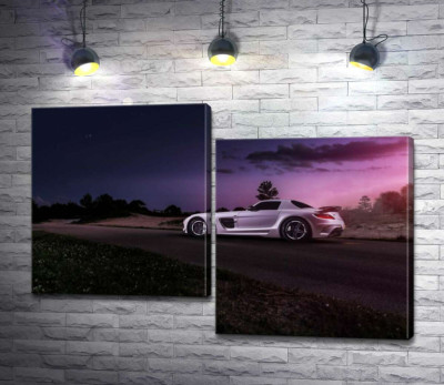 Модульна картина "Біла модель автомобіля Mercedes-Benz SLS AMG у фіолетових сутінках"