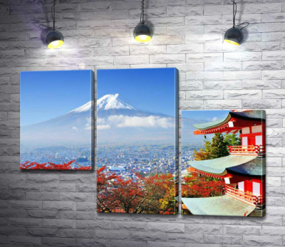 Осенний вид на гору Фудзи (Mount Fuji) рядом с живописным зданием пагоды
