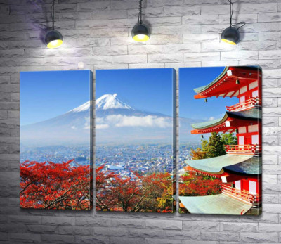 Модульная картина "Осенний вид на гору Фудзи (Mount Fuji) рядом с живописным зданием пагоды"