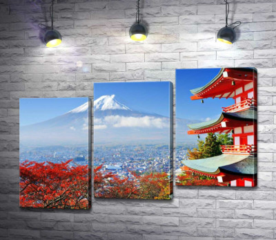 Осінній вид на гору Фудзі (Mount Fuji) поряд з мальовничою будевлею пагоди