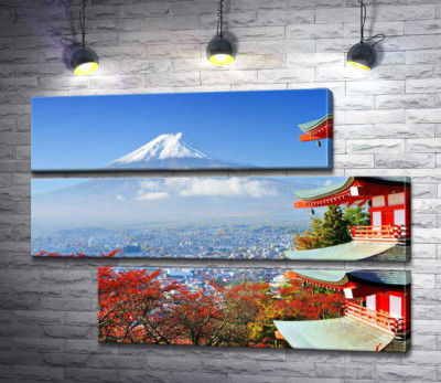 Модульна картина "Осінній вид на гору Фудзі (Mount Fuji) поряд з мальовничою будевлею пагоди"