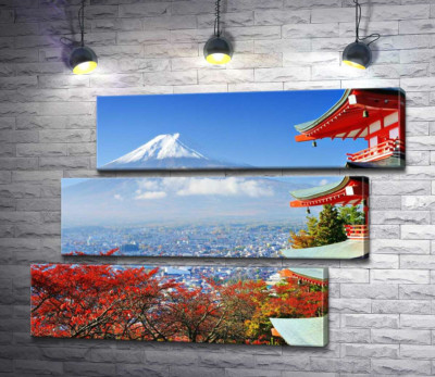 Осенний вид на гору Фудзи (Mount Fuji) рядом с живописным зданием пагоды