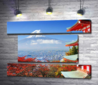Осінній вид на гору Фудзі (Mount Fuji) поряд з мальовничою будевлею пагоди