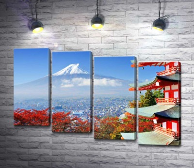 Модульна картина "Осінній вид на гору Фудзі (Mount Fuji) поряд з мальовничою будевлею пагоди"
