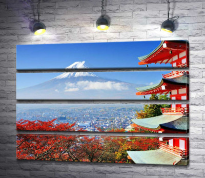Осенний вид на гору Фудзи (Mount Fuji) рядом с живописным зданием пагоды