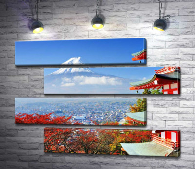 Модульна картина "Осінній вид на гору Фудзі (Mount Fuji) поряд з мальовничою будевлею пагоди"