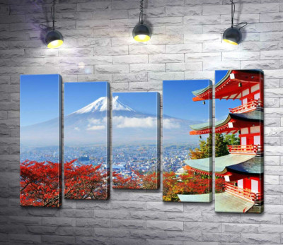 Модульна картина "Осінній вид на гору Фудзі (Mount Fuji) поряд з мальовничою будевлею пагоди"