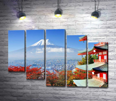 Модульна картина "Осінній вид на гору Фудзі (Mount Fuji) поряд з мальовничою будевлею пагоди"