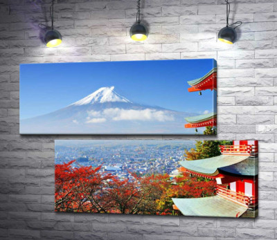 Модульная картина "Осенний вид на гору Фудзи (Mount Fuji) рядом с живописным зданием пагоды"