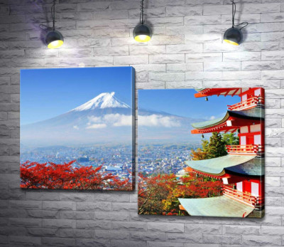 Модульна картина "Осінній вид на гору Фудзі (Mount Fuji) поряд з мальовничою будевлею пагоди"