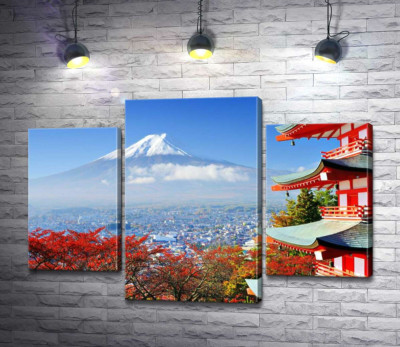 Модульна картина "Осінній вид на гору Фудзі (Mount Fuji) поряд з мальовничою будевлею пагоди"