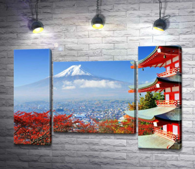 Осінній вид на гору Фудзі (Mount Fuji) поряд з мальовничою будевлею пагоди