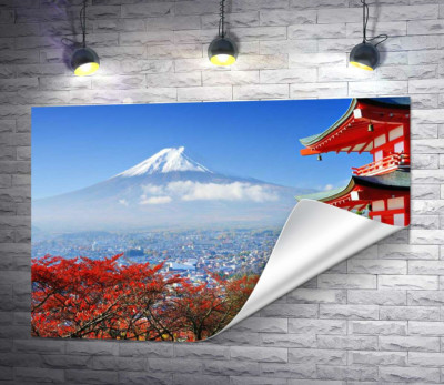 Осінній вид на гору Фудзі (Mount Fuji) поряд з мальовничою будевлею пагоди