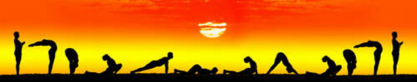 Позы йоги "Приветствие Солнца" на фоне оранжевого неба
