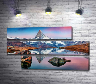 Модульная картина "Гористый пик горы Маттерхорн (Matterhorn) отражается в тихих водах озера"