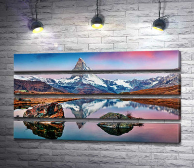 Модульна картина "Гористий пік гори Матергорн (Matterhorn) відбивається у тихих водах озера"
