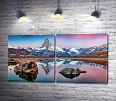 Модульная картина "Гористый пик горы Маттерхорн (Matterhorn) отражается в тихих водах озера"