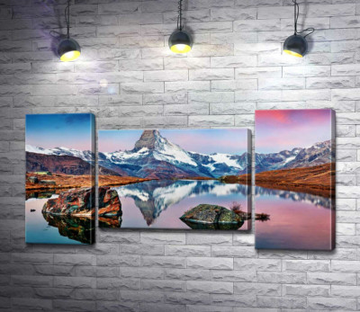 Модульная картина "Гористый пик горы Маттерхорн (Matterhorn) отражается в тихих водах озера"