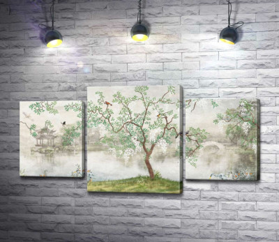 Модульна картина "Весняне цвітіння дерев на березі туманного озера"