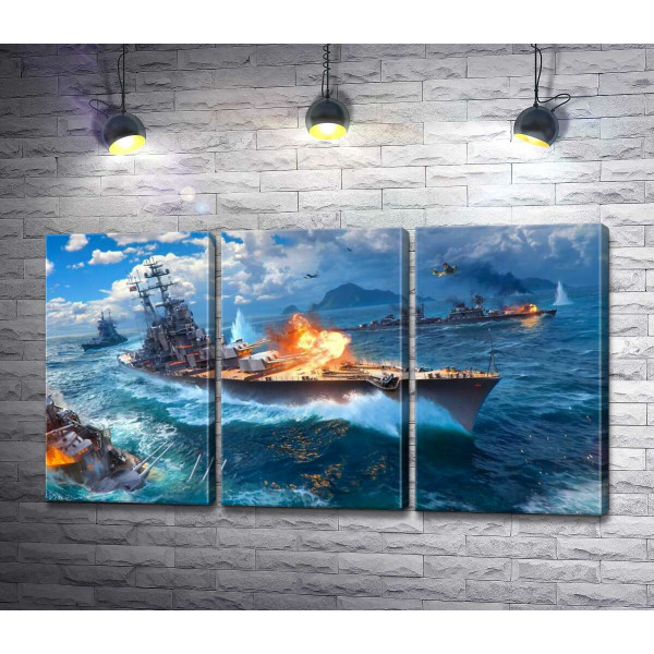 Ожесточенный бой кораблей на постере к видеоигре "World of warships"