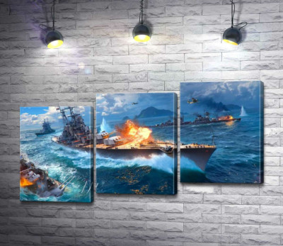 Модульная картина "Ожесточенный бой кораблей на постере к видеоигре "World of warships""