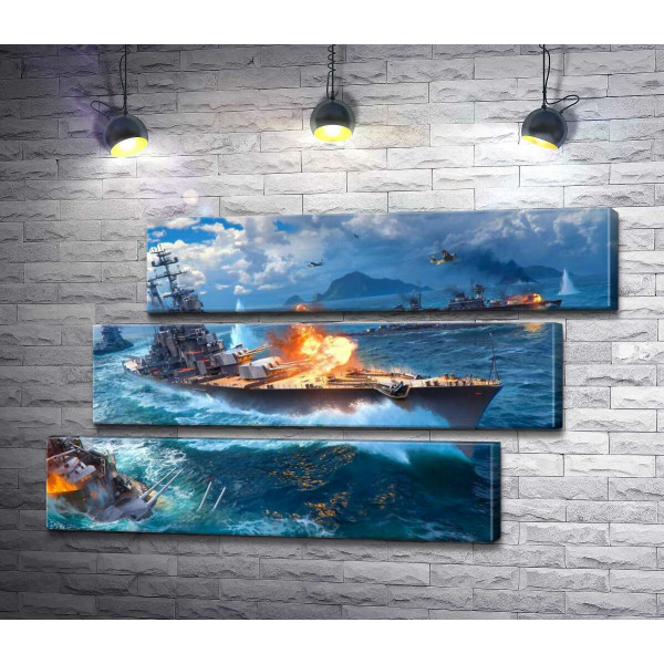 Запеклий бій кораблів на постері до відеогри "World of warships"