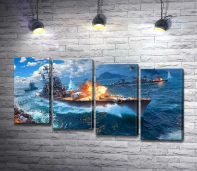 Модульна картина "Запеклий бій кораблів на постері до відеогри "World of warships""