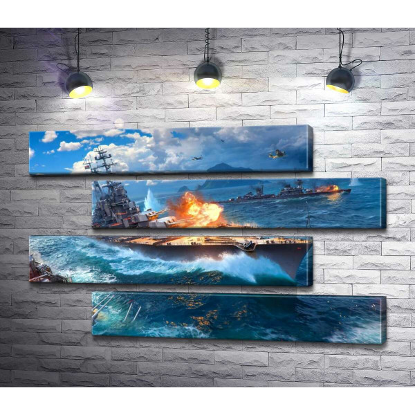 Запеклий бій кораблів на постері до відеогри "World of warships"