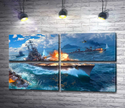 Модульная картина "Ожесточенный бой кораблей на постере к видеоигре "World of warships""
