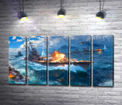 Модульная картина "Ожесточенный бой кораблей на постере к видеоигре "World of warships""