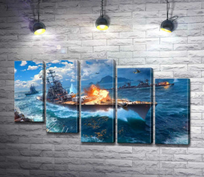 Модульная картина "Ожесточенный бой кораблей на постере к видеоигре "World of warships""