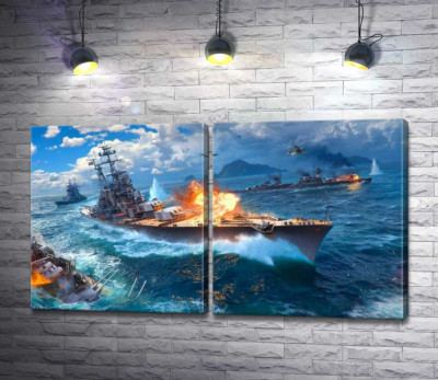 Модульная картина "Ожесточенный бой кораблей на постере к видеоигре "World of warships""