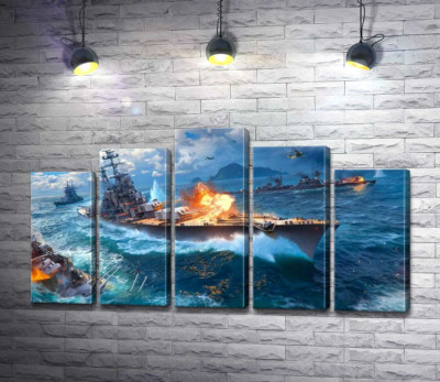 Ожесточенный бой кораблей на постере к видеоигре "World of warships"