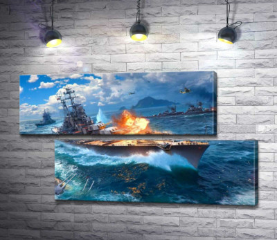 Модульна картина "Запеклий бій кораблів на постері до відеогри "World of warships""