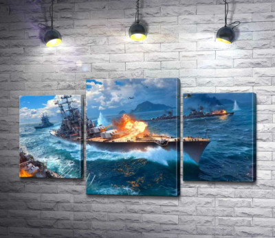 Модульна картина "Запеклий бій кораблів на постері до відеогри "World of warships""