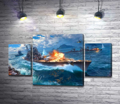 Модульна картина "Запеклий бій кораблів на постері до відеогри "World of warships""