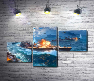 Модульная картина "Ожесточенный бой кораблей на постере к видеоигре "World of warships""