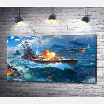 Ожесточенный бой кораблей на постере к видеоигре "World of warships"