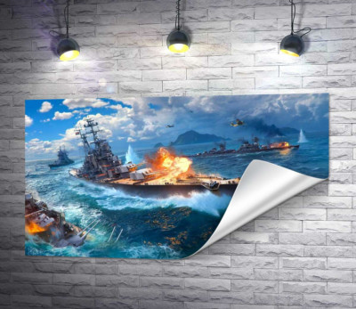 Ожесточенный бой кораблей на постере к видеоигре "World of warships"