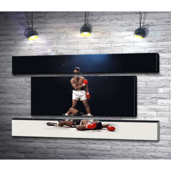 Победитель боксер Мухаммед Али (Muhammad Ali) стоит над побежденным Сонни Листоном (Sonny Liston)