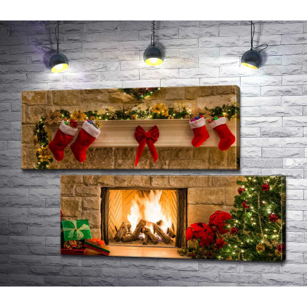 Святкова ялинка біля теплого каміна з різдвяними шкарпетками та подарунками